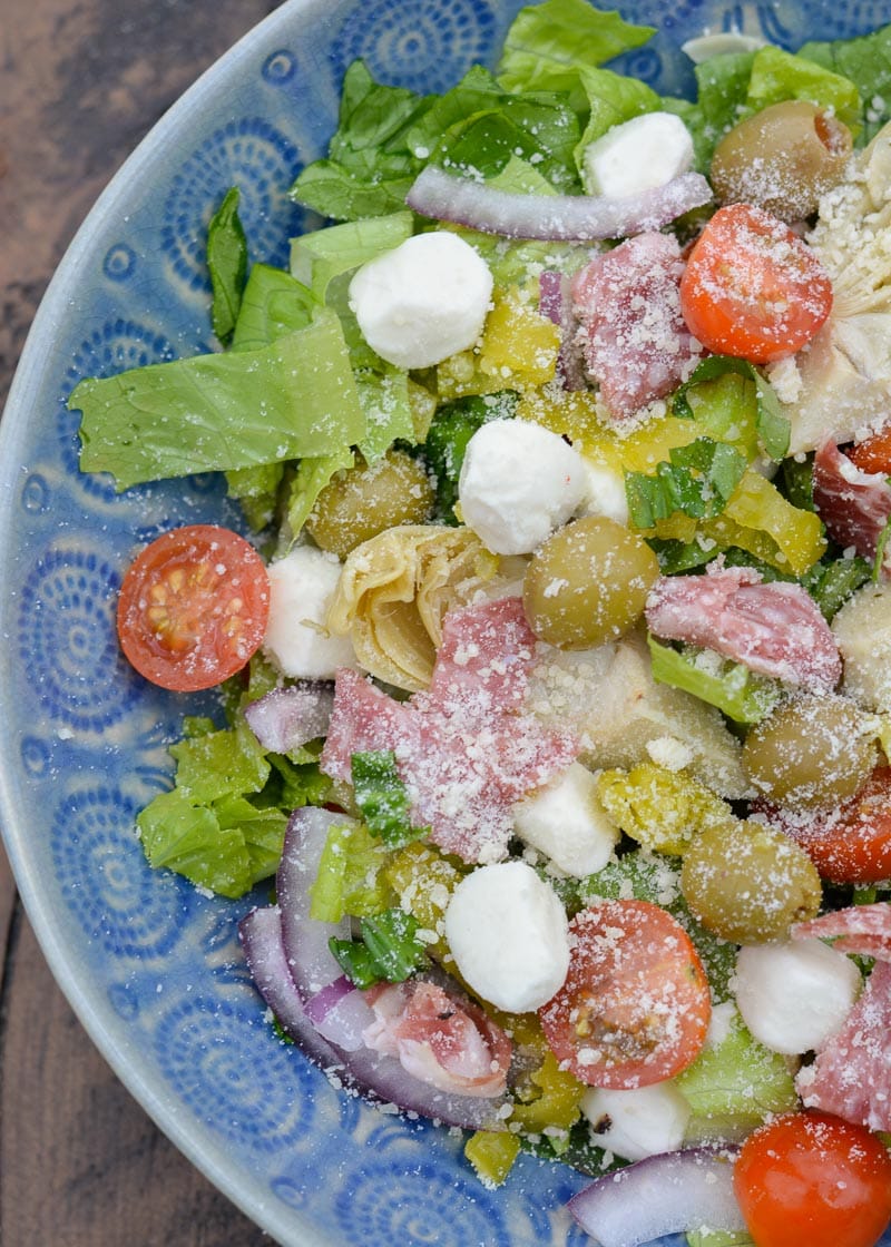 This Italian Chopped Salad is an easy no cook meal. Loaded with meat, cheese and vegetable this filling salad has fewer than 6 net carbs per serving.